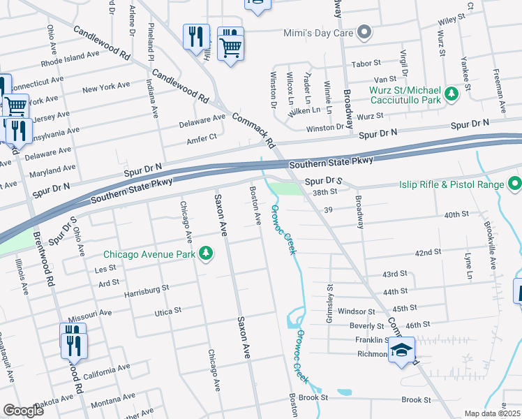 map of restaurants, bars, coffee shops, grocery stores, and more near 209 Ithaca Street in Bay Shore