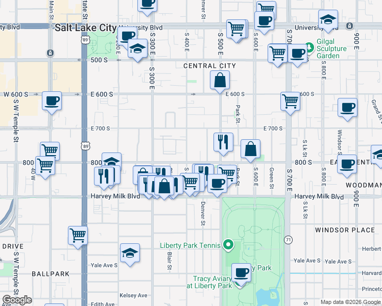 map of restaurants, bars, coffee shops, grocery stores, and more near 761 South 400 East in Salt Lake City