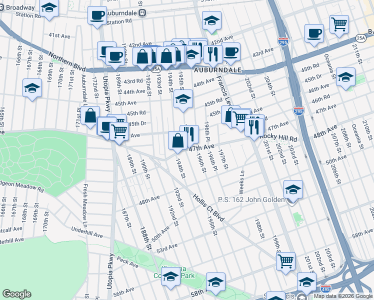map of restaurants, bars, coffee shops, grocery stores, and more near 47th Ave & 195th St in Queens