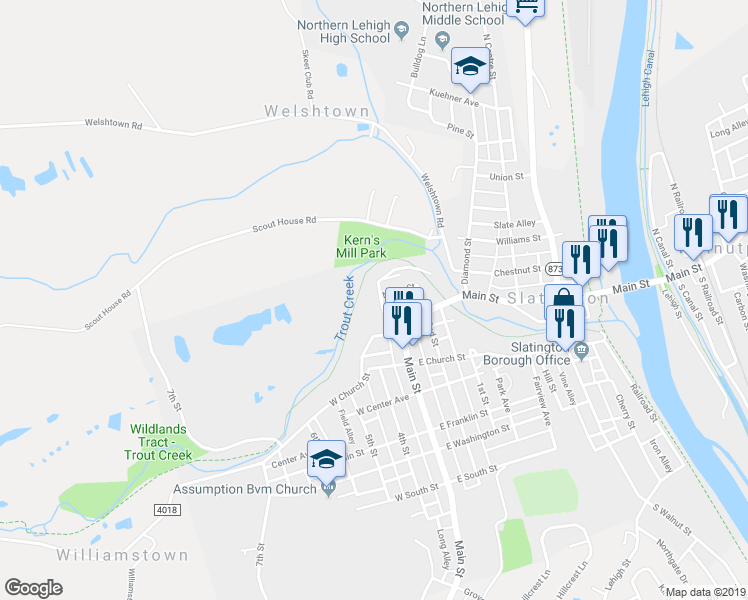 map of restaurants, bars, coffee shops, grocery stores, and more near 51 Willow Avenue in Slatington