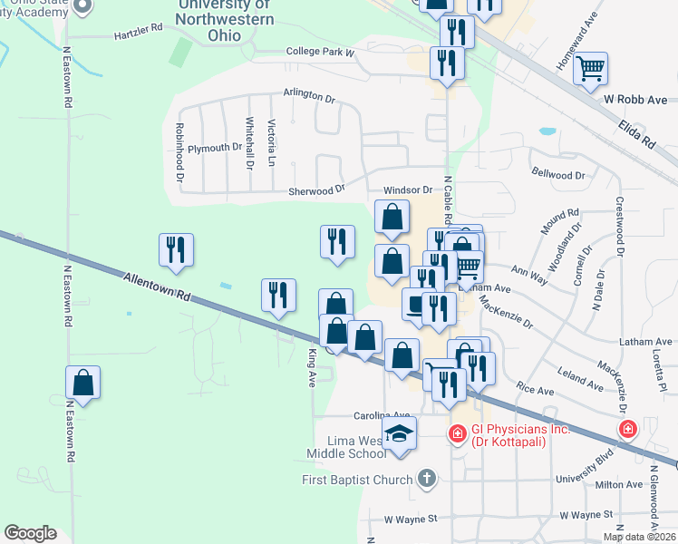 map of restaurants, bars, coffee shops, grocery stores, and more near 2450 Allentown Road in Lima