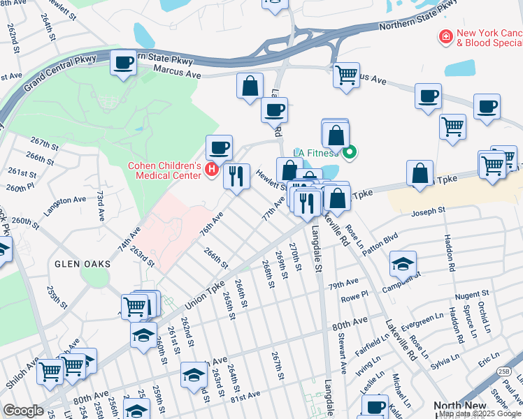 map of restaurants, bars, coffee shops, grocery stores, and more near 76-43 270th Street in Queens