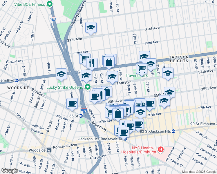 map of restaurants, bars, coffee shops, grocery stores, and more near 34-29 73rd Street in Queens