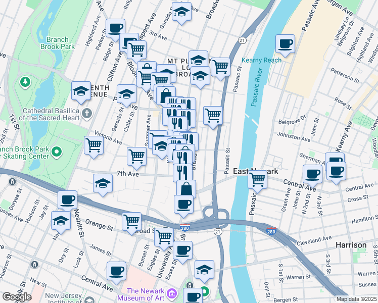 map of restaurants, bars, coffee shops, grocery stores, and more near 53 Broadway in Newark
