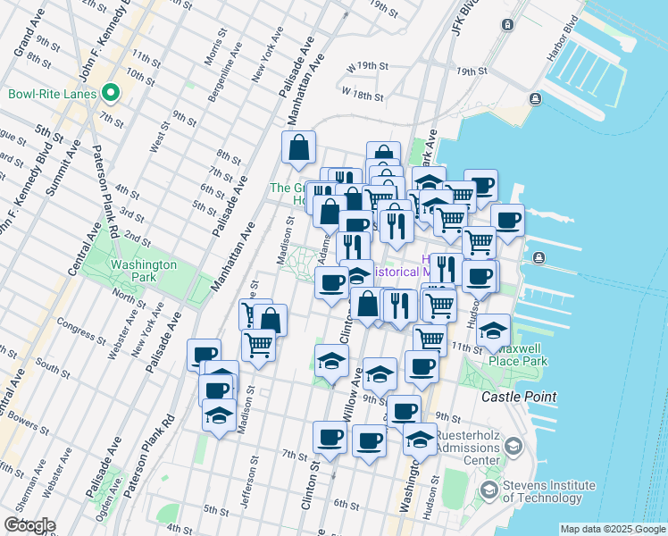 map of restaurants, bars, coffee shops, grocery stores, and more near 1130 Grand Street in Hoboken