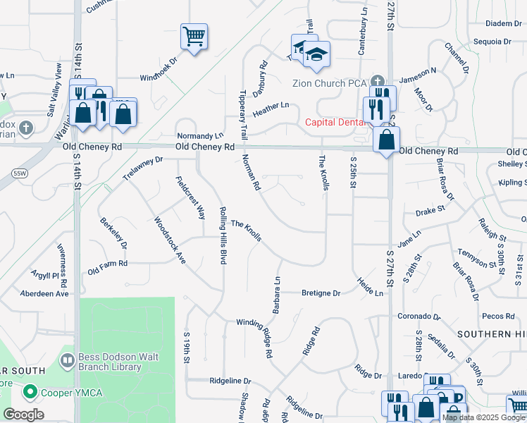 map of restaurants, bars, coffee shops, grocery stores, and more near 5909 Norman Road in Lincoln