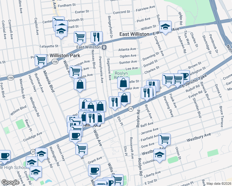 map of restaurants, bars, coffee shops, grocery stores, and more near 328 Sagamore Avenue in Mineola