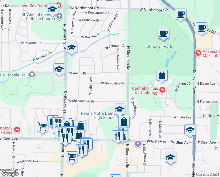 map of restaurants, bars, coffee shops, grocery stores, and more near 816 West Hampshire Road in Peoria