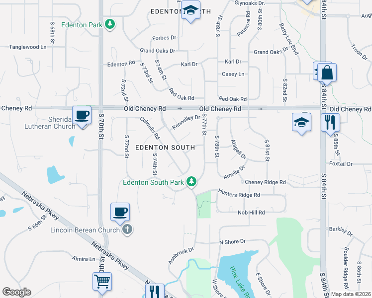 map of restaurants, bars, coffee shops, grocery stores, and more near 6001 Cross Creek Road in Lincoln
