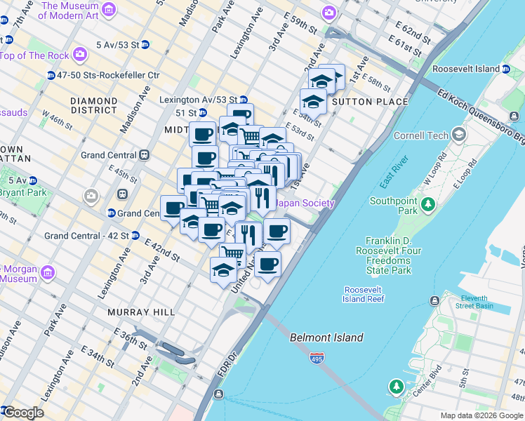 map of restaurants, bars, coffee shops, grocery stores, and more near in New York