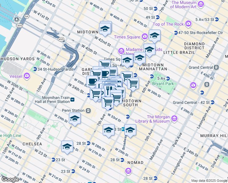 map of restaurants, bars, coffee shops, grocery stores, and more near 209 West 35th Street in New York