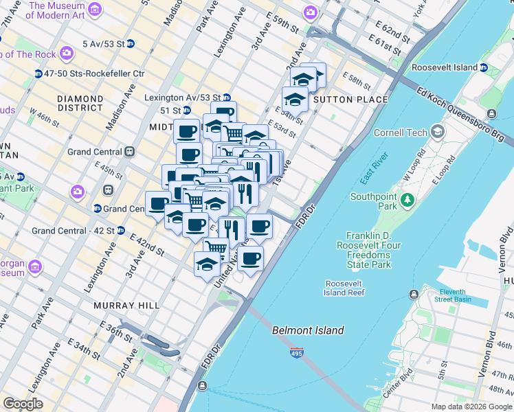 map of restaurants, bars, coffee shops, grocery stores, and more near 342 East 47th Street in New York