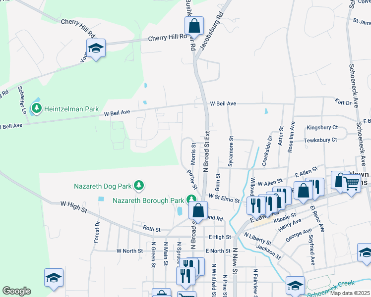 map of restaurants, bars, coffee shops, grocery stores, and more near 98 Porter Street in Nazareth