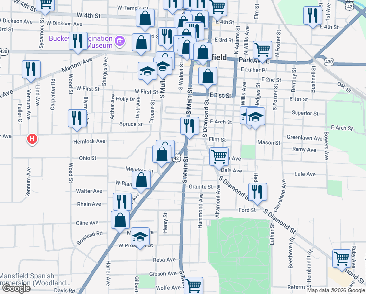 map of restaurants, bars, coffee shops, grocery stores, and more near 200 South Main Street in Mansfield