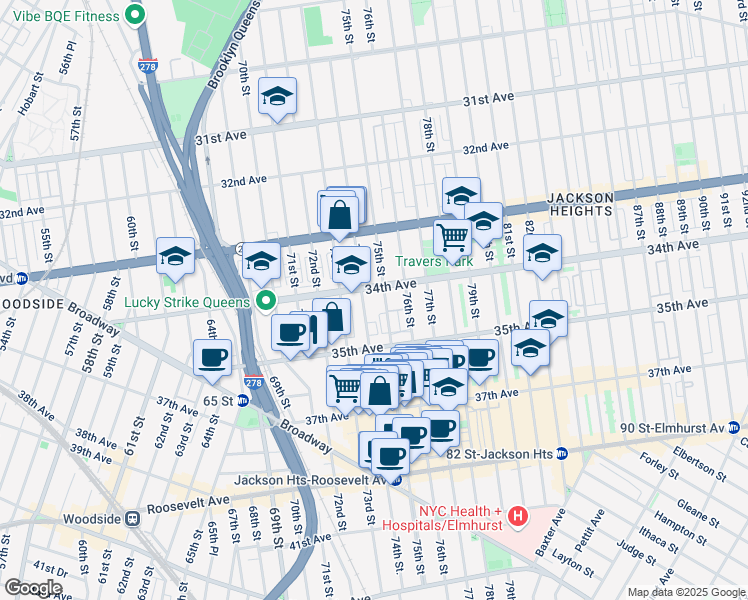map of restaurants, bars, coffee shops, grocery stores, and more near 34-34 75th Street in Queens