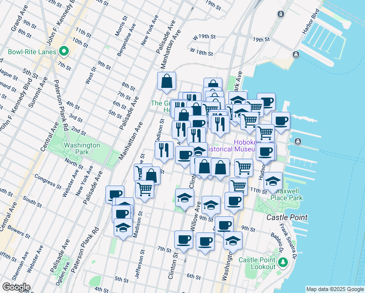map of restaurants, bars, coffee shops, grocery stores, and more near 1130 Grand Street in Hoboken