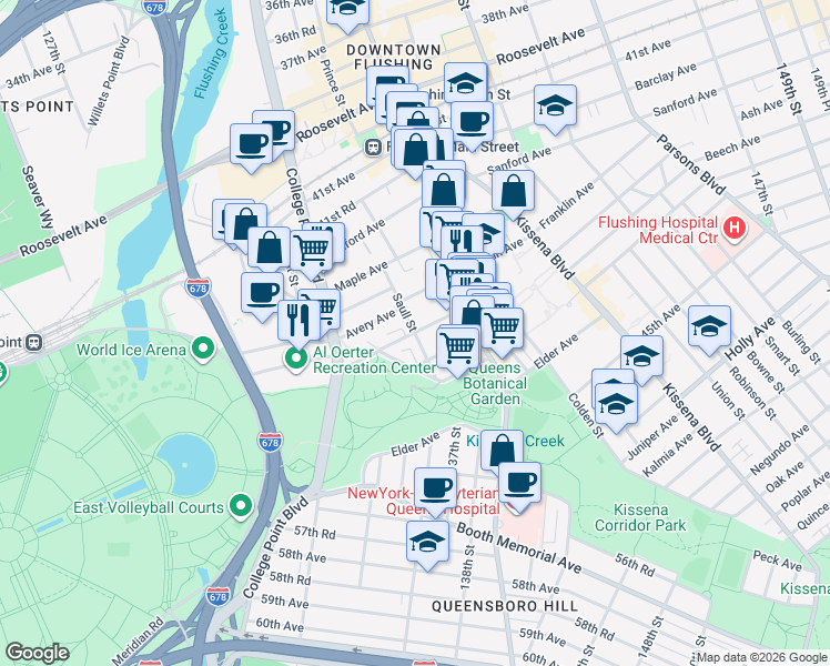 map of restaurants, bars, coffee shops, grocery stores, and more near 134-39 Blossom Avenue in Queens
