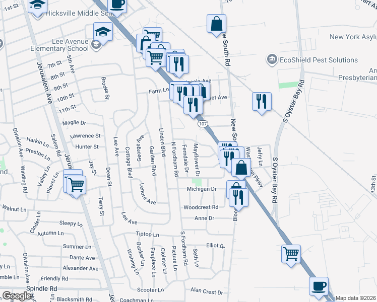 map of restaurants, bars, coffee shops, grocery stores, and more near 12 Mayflower Drive in Hicksville