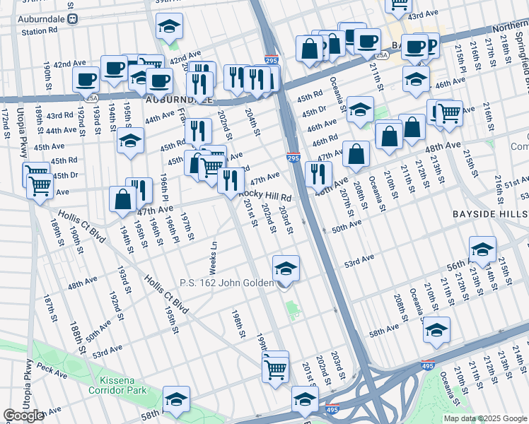 map of restaurants, bars, coffee shops, grocery stores, and more near 48-15 202nd Street in Queens