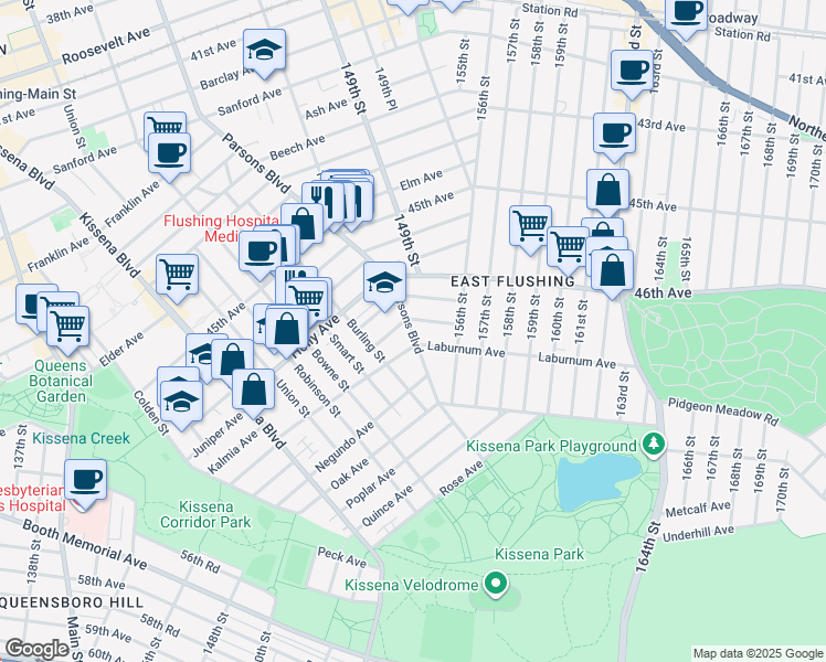 map of restaurants, bars, coffee shops, grocery stores, and more near 4701 Parsons Boulevard in Queens