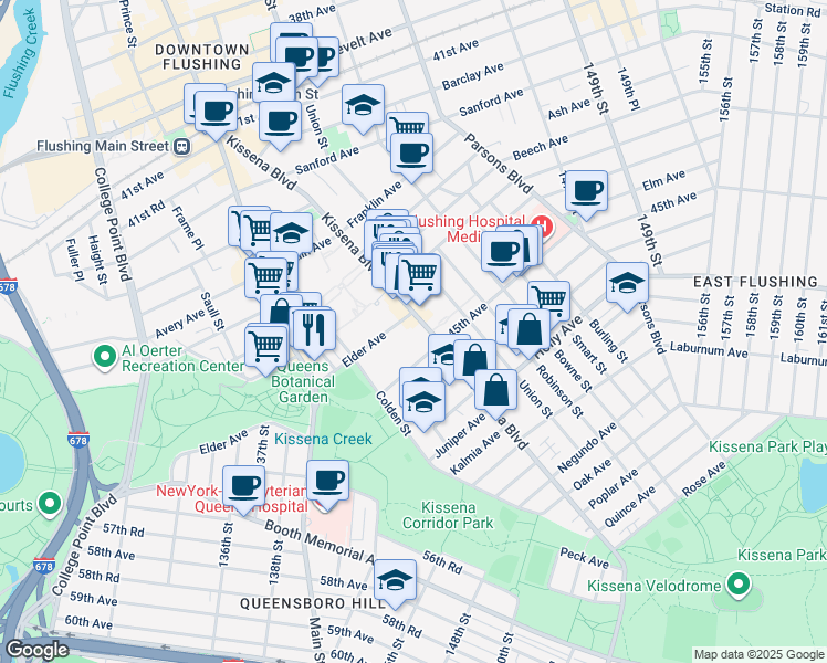 map of restaurants, bars, coffee shops, grocery stores, and more near 13747 45th Avenue in Queens