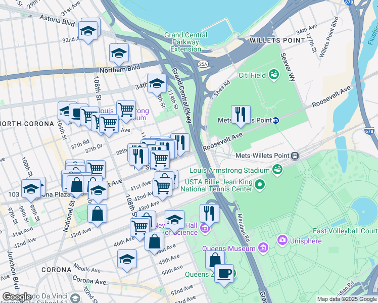 map of restaurants, bars, coffee shops, grocery stores, and more near 111-91 41st Avenue in Queens