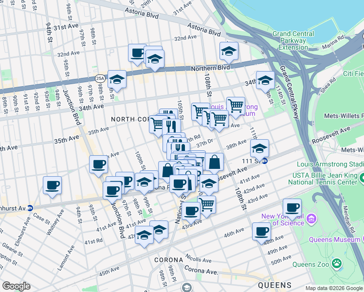 map of restaurants, bars, coffee shops, grocery stores, and more near 37-54 104th Street in Queens