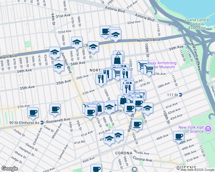 map of restaurants, bars, coffee shops, grocery stores, and more near 37-26 101st Street in Queens
