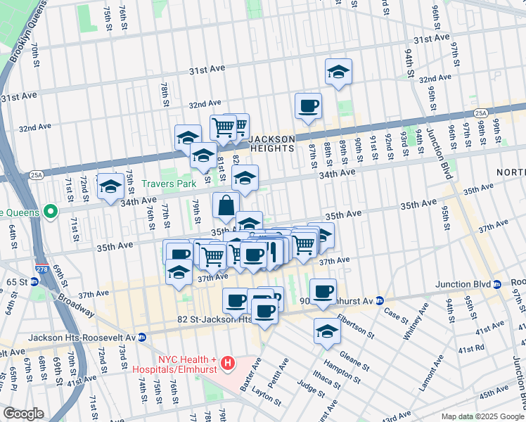 map of restaurants, bars, coffee shops, grocery stores, and more near 8215 35th Avenue in Queens