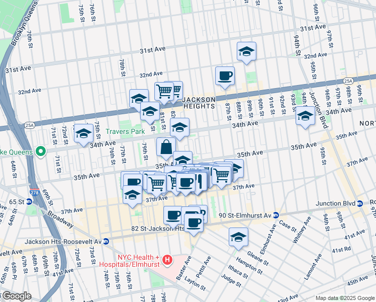 map of restaurants, bars, coffee shops, grocery stores, and more near 8215 35th Avenue in Queens