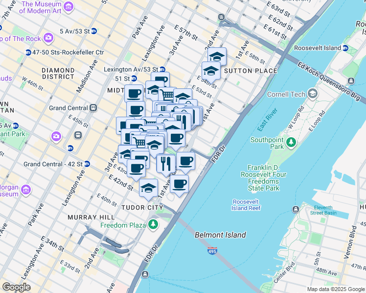 map of restaurants, bars, coffee shops, grocery stores, and more near in New York