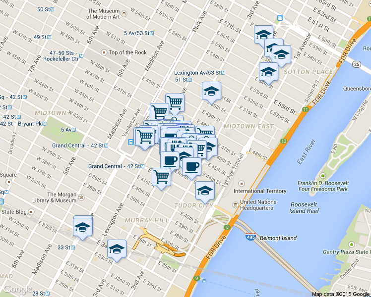 map of restaurants, bars, coffee shops, grocery stores, and more near 685 3rd Avenue in New York