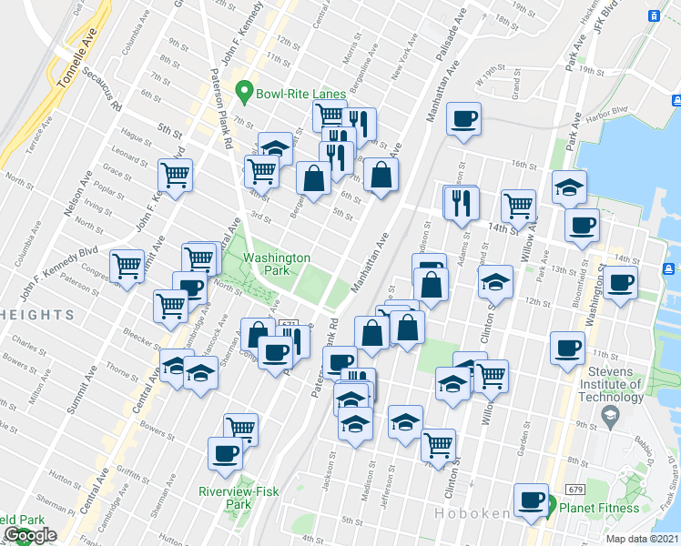 map of restaurants, bars, coffee shops, grocery stores, and more near 203 Manhattan Avenue in Union City