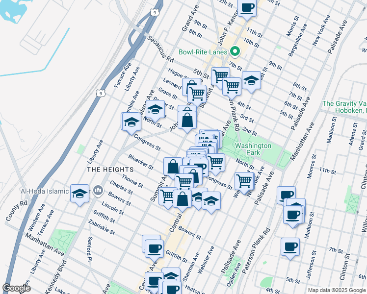 map of restaurants, bars, coffee shops, grocery stores, and more near 41 Graham Street in Jersey City