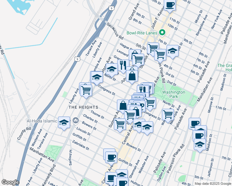 map of restaurants, bars, coffee shops, grocery stores, and more near 181 Congress Street in Jersey City