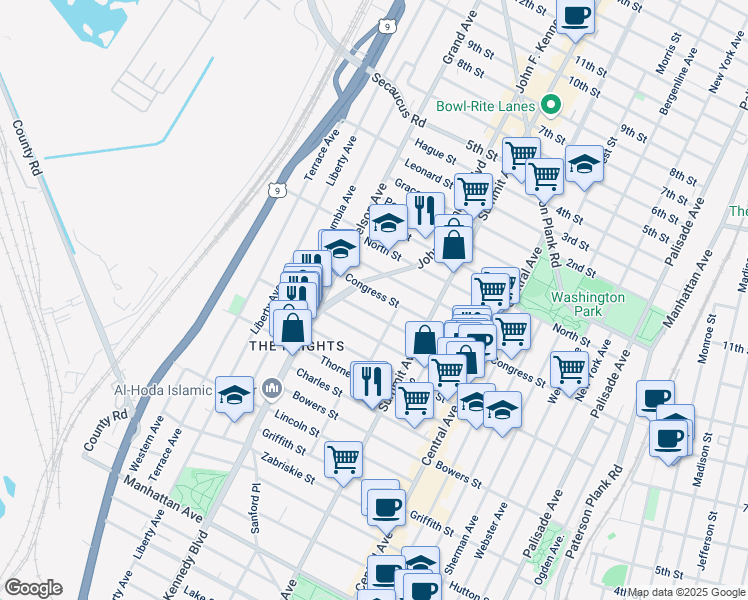 map of restaurants, bars, coffee shops, grocery stores, and more near 86 Paterson Street in Jersey City