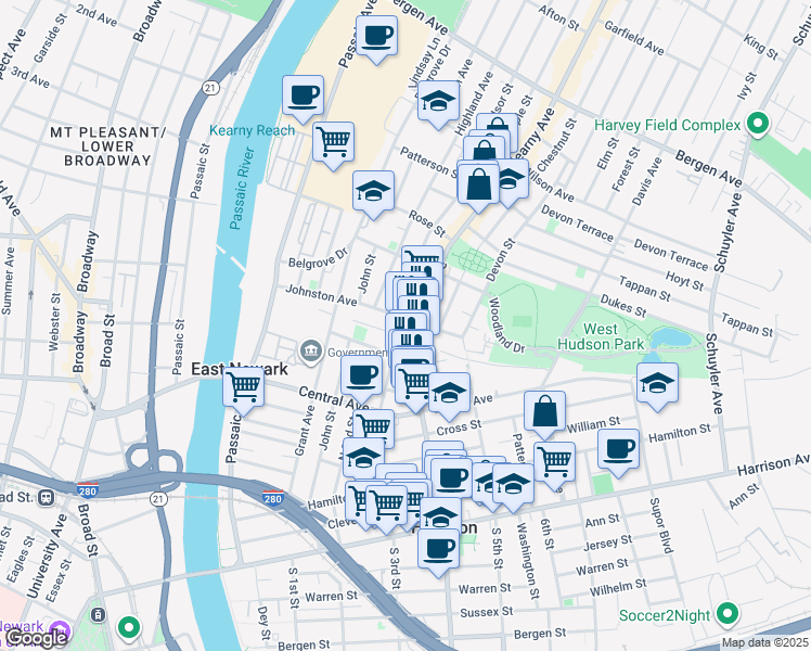map of restaurants, bars, coffee shops, grocery stores, and more near 701 Frank E Rodgers Boulevard North in Harrison