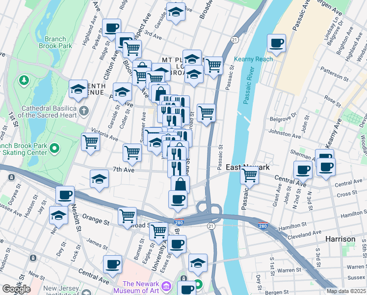 map of restaurants, bars, coffee shops, grocery stores, and more near 53 Broadway in Newark