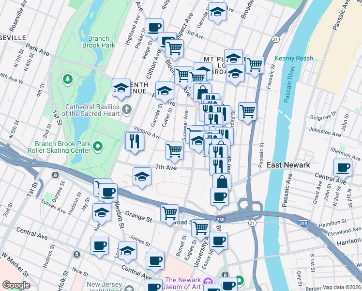 map of restaurants, bars, coffee shops, grocery stores, and more near 51 Summer Avenue in Newark