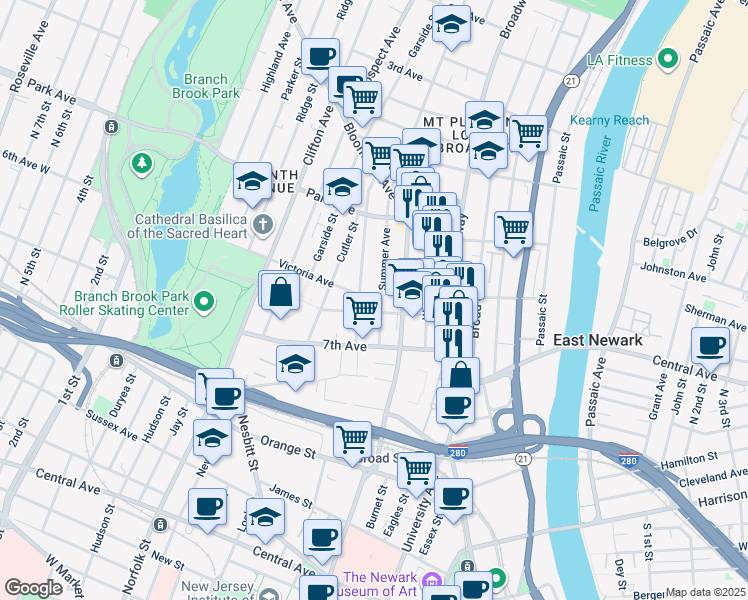 map of restaurants, bars, coffee shops, grocery stores, and more near 51 Summer Avenue in Newark