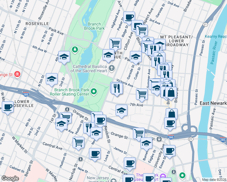 map of restaurants, bars, coffee shops, grocery stores, and more near 151 7th Avenue in Newark