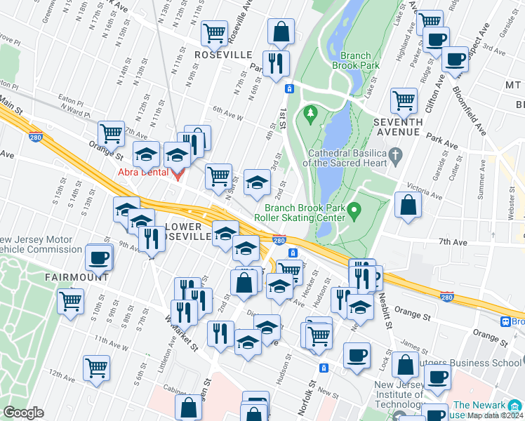 map of restaurants, bars, coffee shops, grocery stores, and more near 407-413 Orange Street in Newark