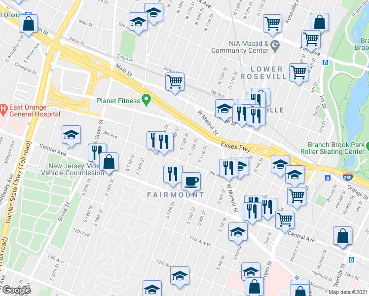map of restaurants, bars, coffee shops, grocery stores, and more near 71 9th Avenue in Newark