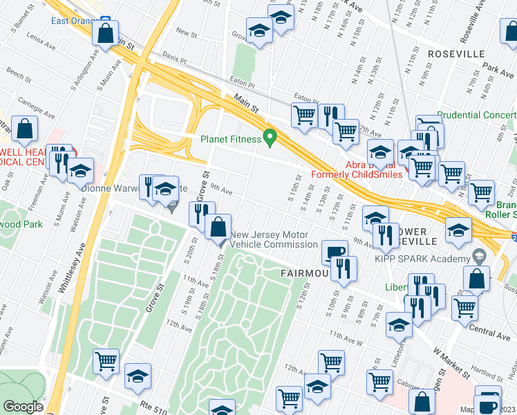 map of restaurants, bars, coffee shops, grocery stores, and more near 24 South 17th Street in East Orange