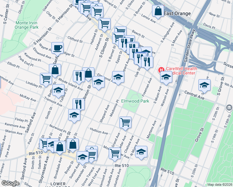 map of restaurants, bars, coffee shops, grocery stores, and more near 210 Shepard Avenue in East Orange
