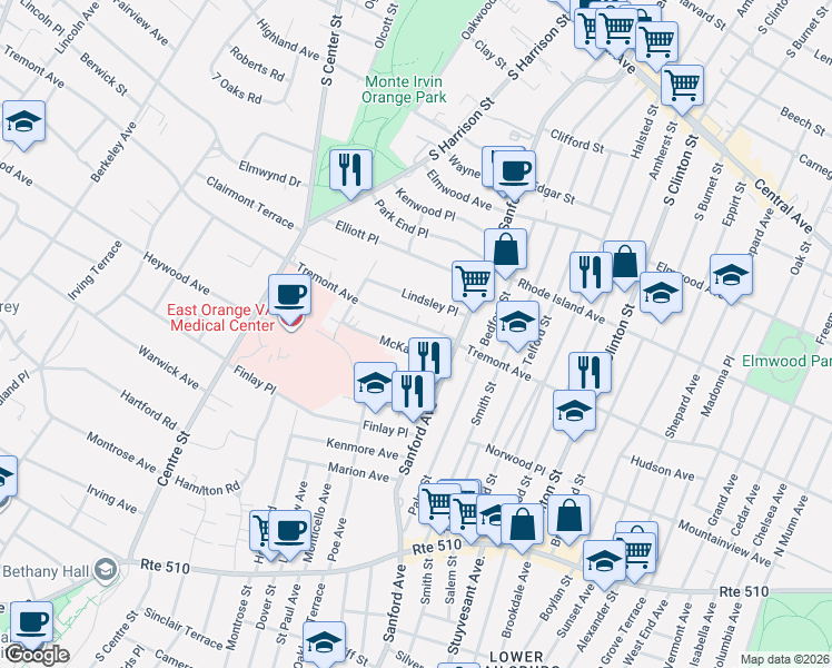 map of restaurants, bars, coffee shops, grocery stores, and more near 39 McKay Avenue in East Orange