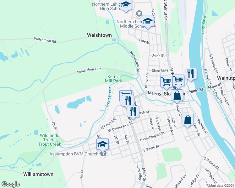 map of restaurants, bars, coffee shops, grocery stores, and more near 51 Willow Avenue in Slatington