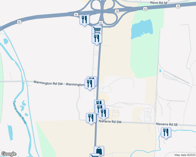 map of restaurants, bars, coffee shops, grocery stores, and more near 3850 Erie Street South in Massillon