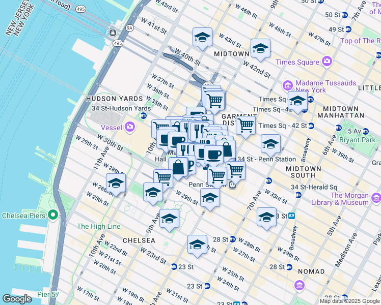 map of restaurants, bars, coffee shops, grocery stores, and more near 400 West 33rd Street in New York