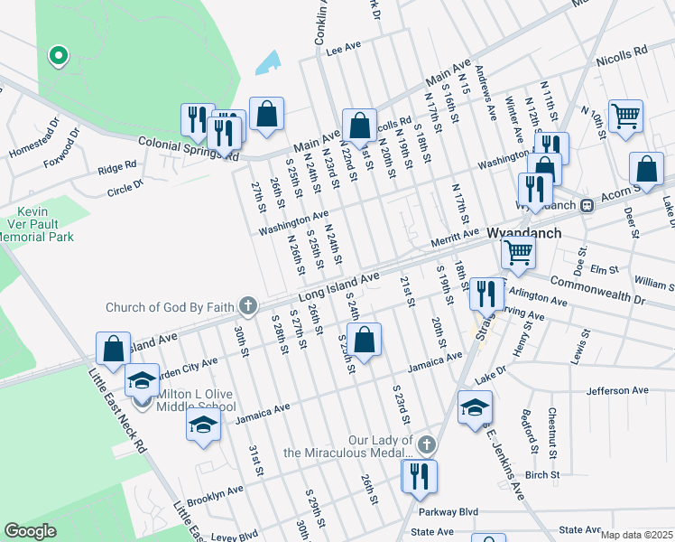 map of restaurants, bars, coffee shops, grocery stores, and more near 172 Long Island Avenue in Wyandanch